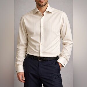 Canali Men’s Stretch Shirt White Blue Yellow Pinstripes French Cuff Size 15.5/39